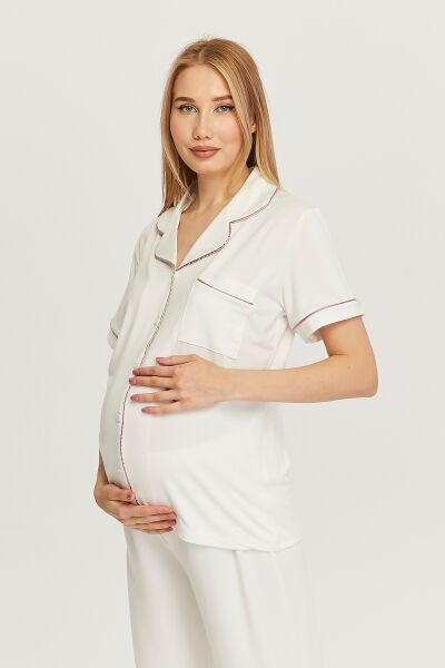 Likapa Önden Düğmeli Hamile Lohusa KISA KOL PİJAMA TAKIMI Gülkurusu Biyeli - M