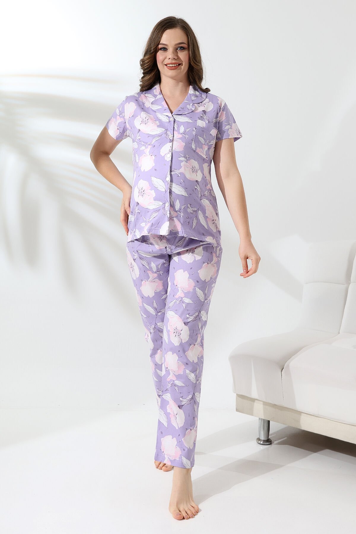 Likapa Penye Önden Düğmeli Hamile Lohusa KISA KOL PİJAMA TAKIMI ,%100 Cotton Lila - Mor Yaprak Desen - XL