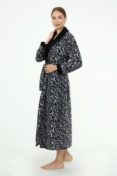 Likapa Uzun Şal Yaka Polar Sabahlık 226 Gri Leopar - 2XL
