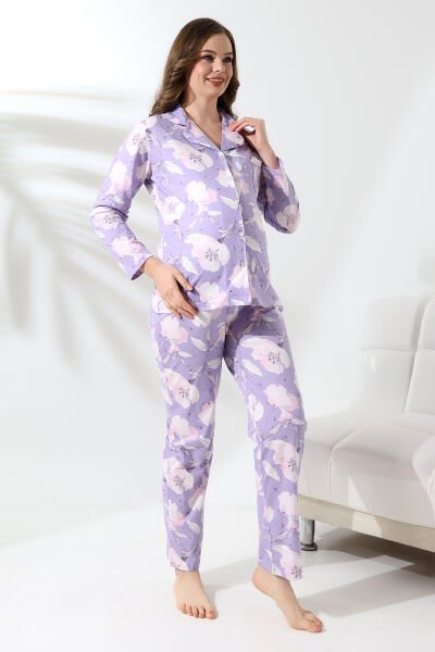 Likapa Penye Önden Düğmeli Hamile Lohusa KISA KOL PİJAMA TAKIMI ,%100 Cotton Lila - Mor Yaprak Desen - 2XL