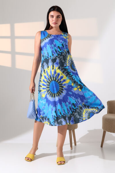 Likapa Yazlık Askılı Viskon Elbise 2691 2XL - mavi sarı batik
