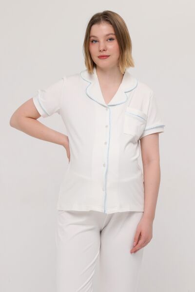 Likapa Önden Düğmeli Hamile Lohusa KISA KOL PİJAMA TAKIMI EKRU - MAVİ - L