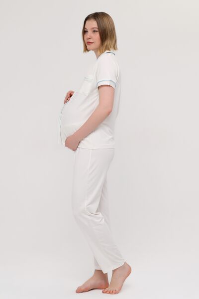 Likapa Önden Düğmeli Hamile Lohusa KISA KOL PİJAMA TAKIMI EKRU - MAVİ - L