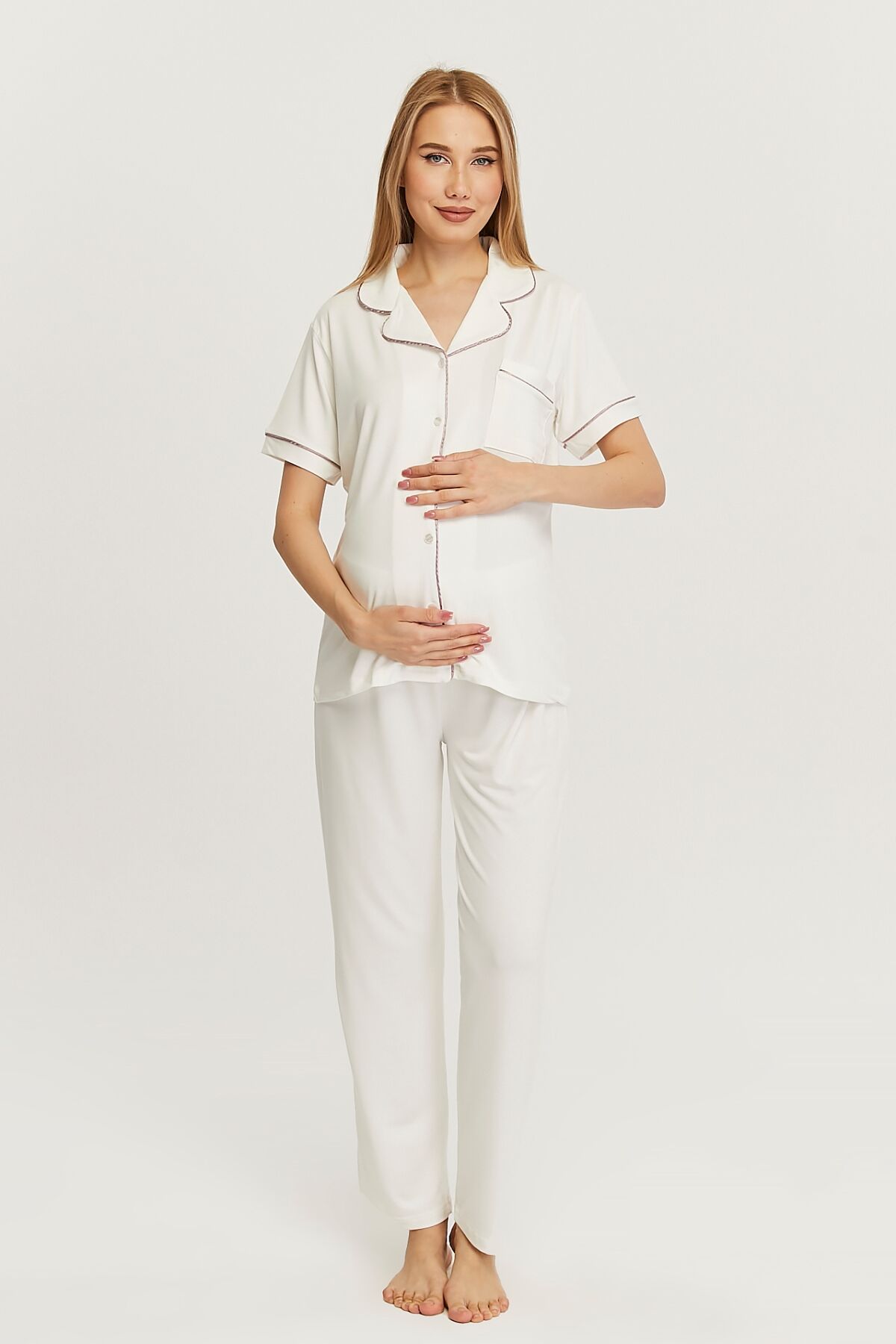 Likapa Önden Düğmeli Hamile Lohusa KISA KOL PİJAMA TAKIMI Gülkurusu Biyeli - XL