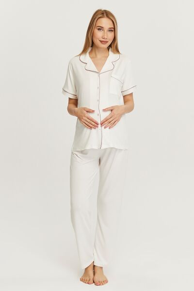 Likapa Önden Düğmeli Hamile Lohusa KISA KOL PİJAMA TAKIMI Gülkurusu Biyeli - XL