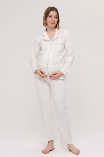 Likapa Önden Düğmeli Hamile Lohusa UZUN KOL PİJAMA TAKIMI EKRU - PEMBE - M