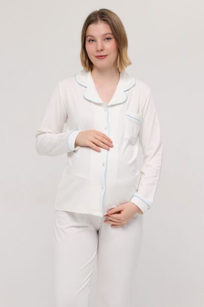 Likapa Önden Düğmeli Hamile Lohusa UZUN KOL PİJAMA TAKIMI PEMBE ÇİZGİLİ - M