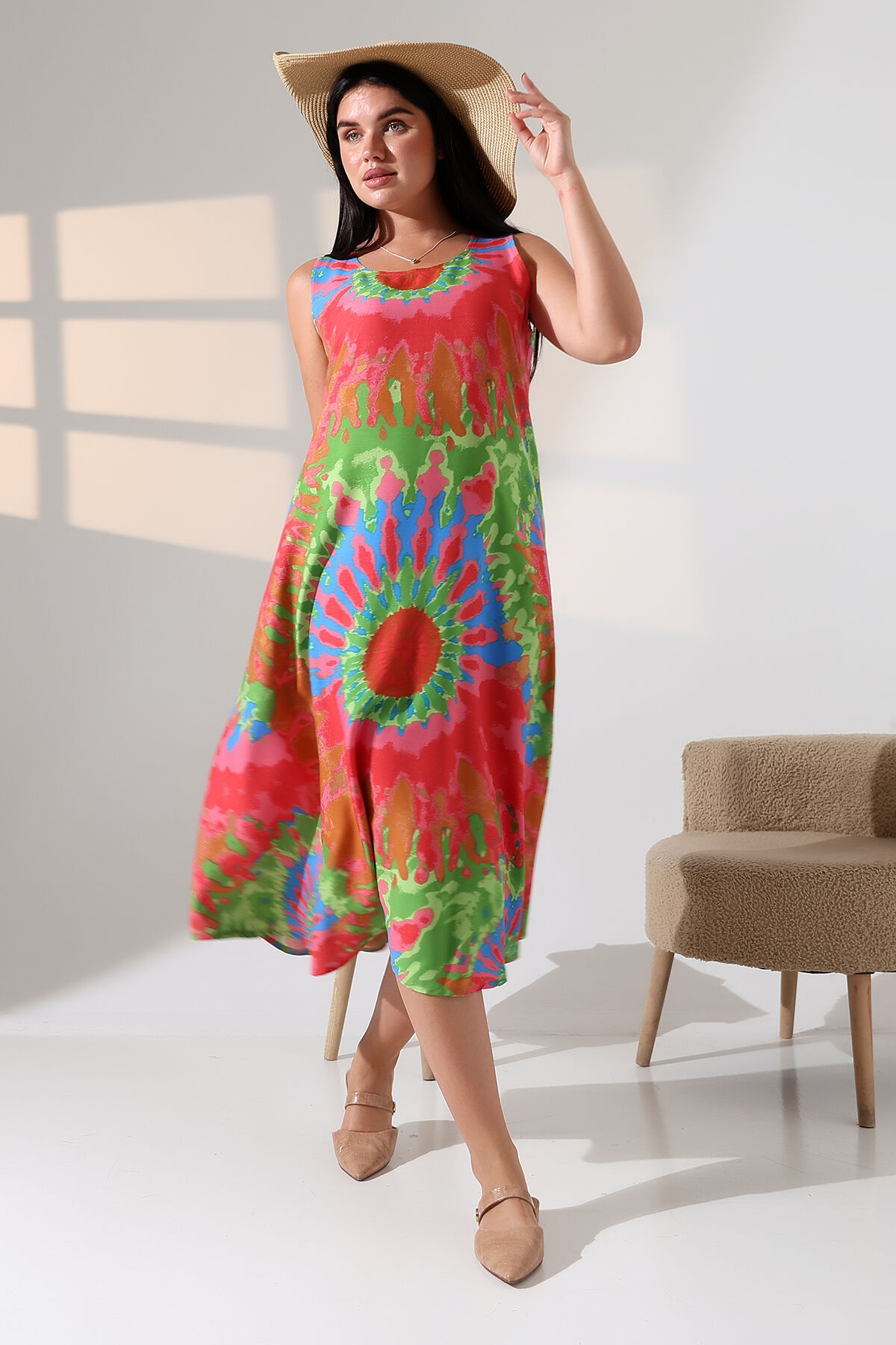 Likapa Yazlık Askılı Viskon Elbise 2691 L - pembe  yeşil batik