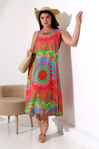Likapa Yazlık Askılı Viskon Elbise 2691 XL - pembe  yeşil batik