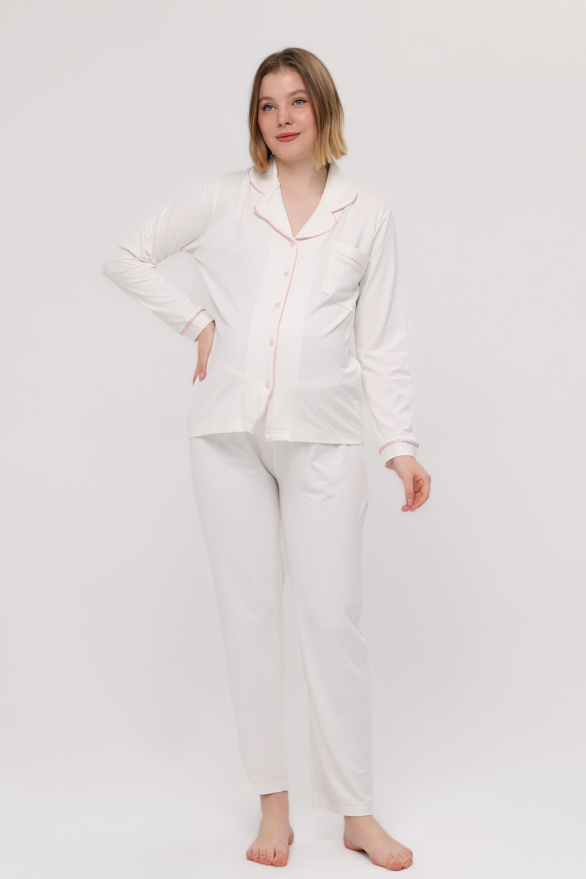 Likapa Önden Düğmeli Hamile Lohusa UZUN KOL PİJAMA TAKIMI EKRU - PEMBE - L