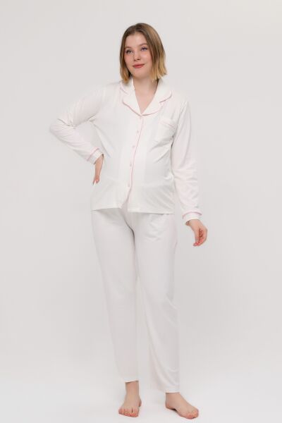 Likapa Önden Düğmeli Hamile Lohusa UZUN KOL PİJAMA TAKIMI EKRU - PEMBE - L