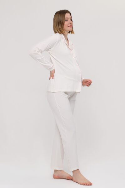 Likapa Önden Düğmeli Hamile Lohusa UZUN KOL PİJAMA TAKIMI EKRU - PEMBE - L