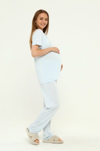 Likapa Penye Önden Düğmeli Hamile Lohusa KISA KOL PİJAMA TAKIMI ,%100 Cotton MAVİ BİYELİ - L