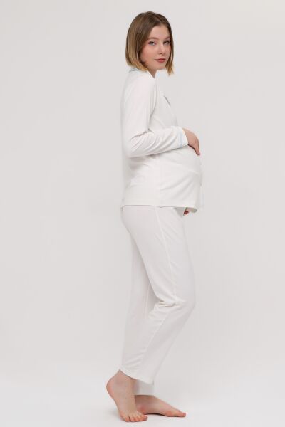 Likapa Önden Düğmeli Hamile Lohusa UZUN KOL PİJAMA TAKIMI EKRU - MAVİ - M