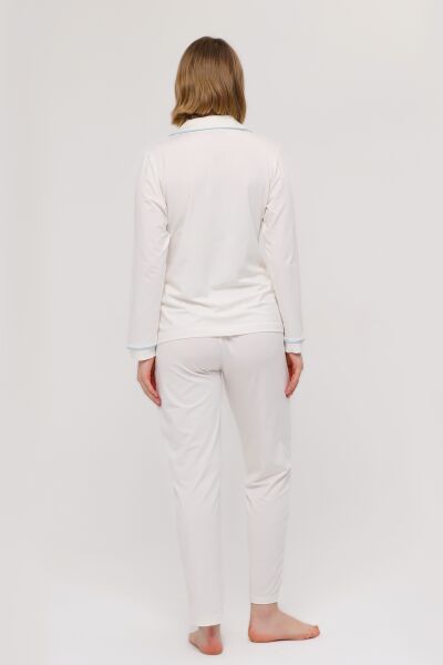 Likapa Önden Düğmeli Hamile Lohusa UZUN KOL PİJAMA TAKIMI EKRU - MAVİ - M