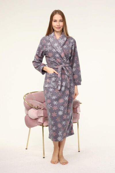 Likapa Uzun Şal Yaka Polar Sabahlık 226 Gri Kar Tanesi - L