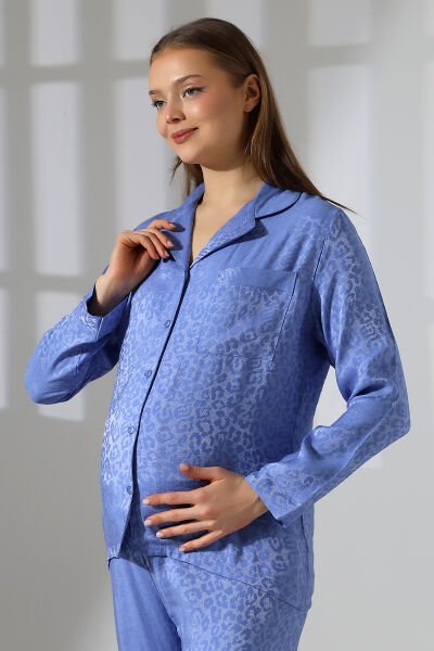 LİKAPASHOP VİSKON UZUN KOLLU HAMİLE PİJAMA TAKIMI Mavi - M
