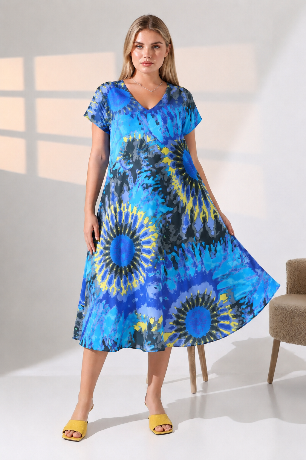 Likapa Yazlık Büyük Beden Viskon  V Yaka Kısa Kol Elbise 2688 S