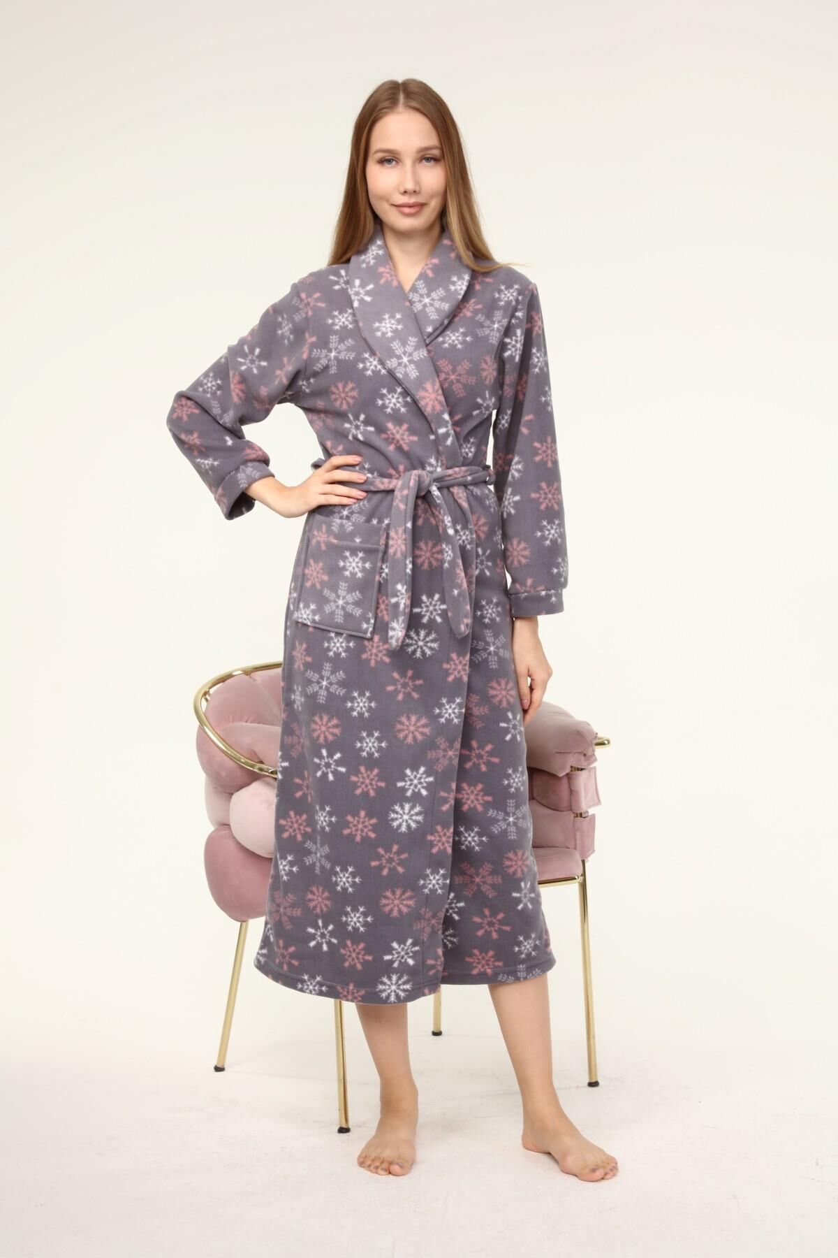 Likapa Uzun Şal Yaka Polar Sabahlık 226 Gri Kar Tanesi - 2XL