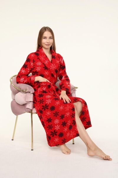 Likapa Uzun Şal Yaka Polar Sabahlık 226 Kırmızı Kar Tanesi - M