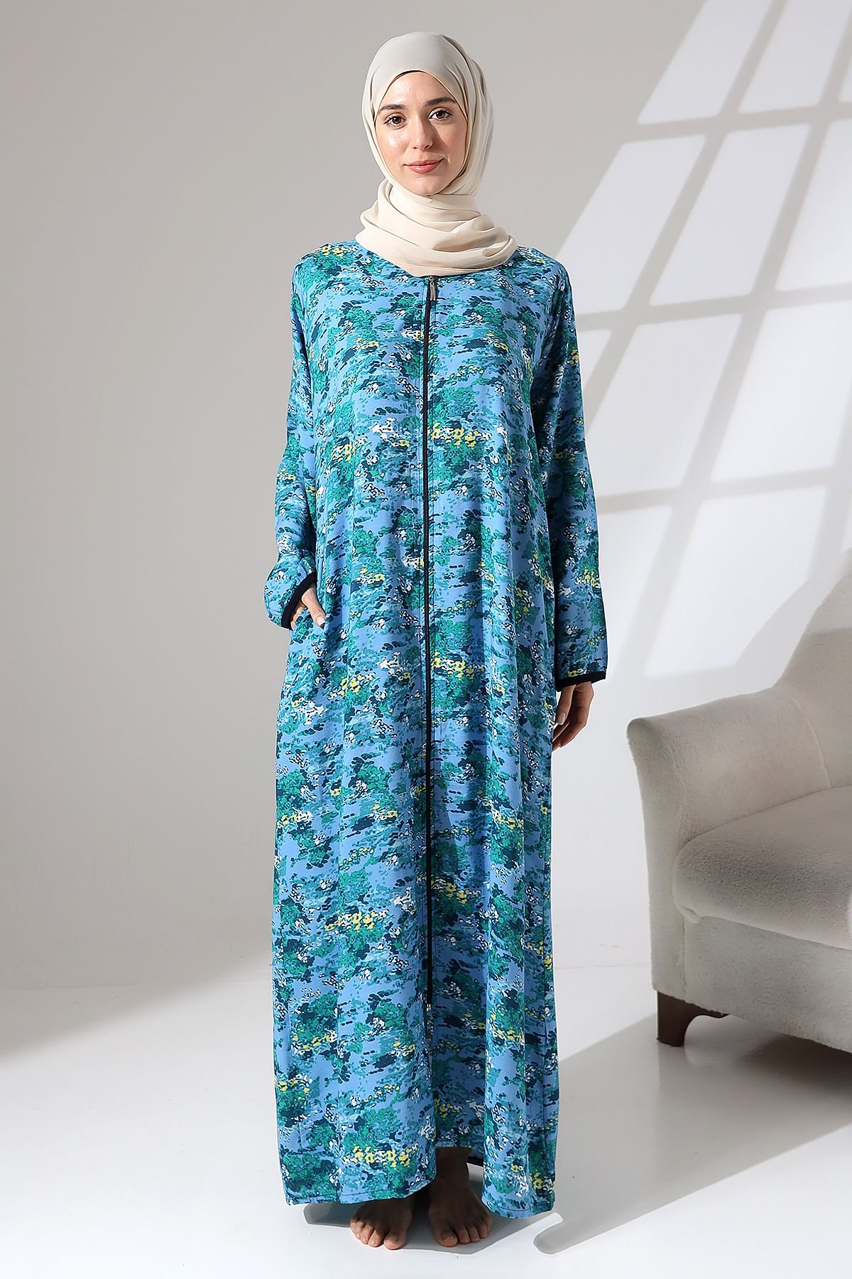 Fermuarlı Viskon Namaz Elbisesi MAVİ BİYELİ - 3