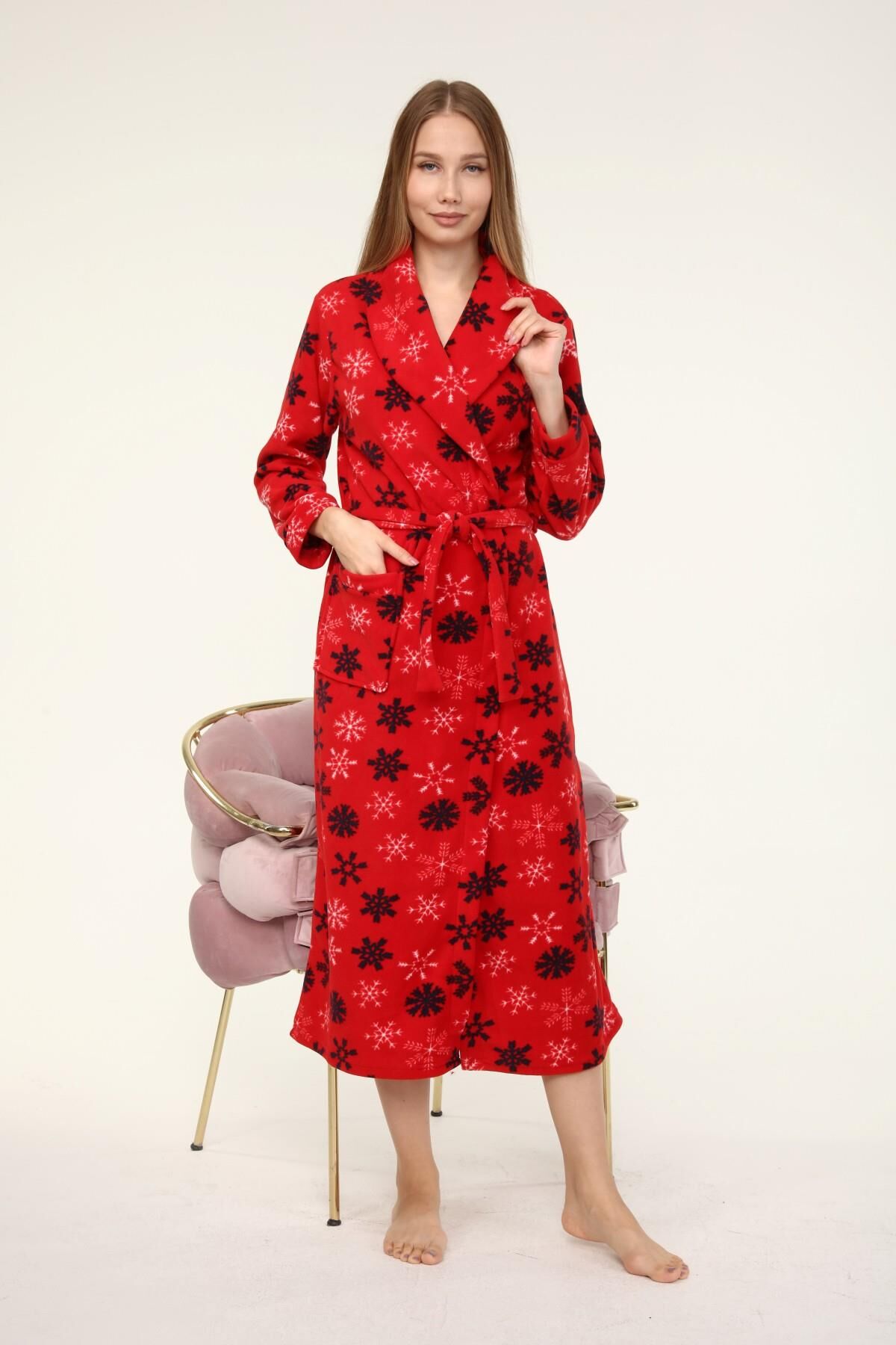 Likapa Uzun Şal Yaka Polar Sabahlık 226 Kırmızı Kar Tanesi - L