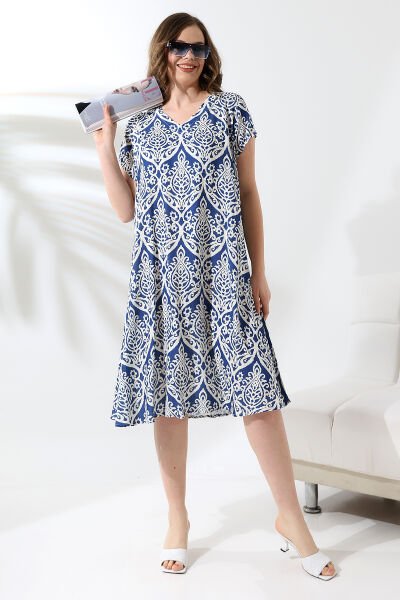 Likapa Yazlık Büyük Beden Viskon  V Yaka Kısa Kol Elbise 2688 EKRU - MAVİ - M