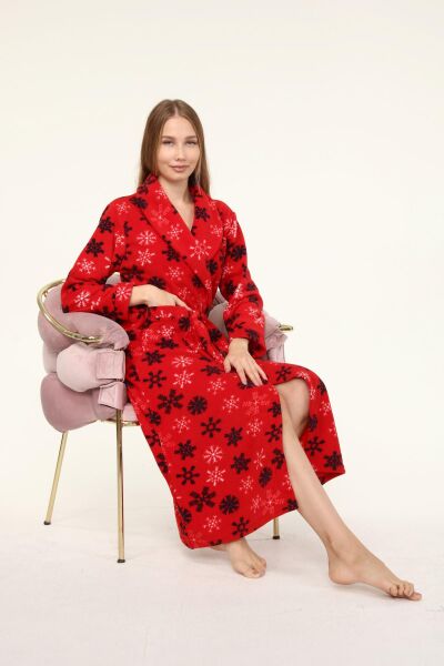 Likapa Uzun Şal Yaka Polar Sabahlık 226 Kırmızı Kar Tanesi - XL