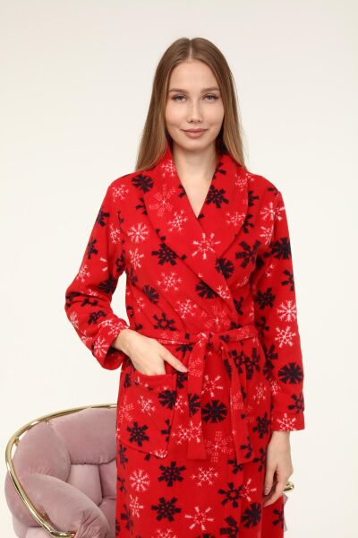 Likapa Uzun Şal Yaka Polar Sabahlık 226 Kırmızı Kar Tanesi - 2XL