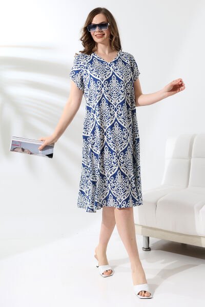 Likapa Yazlık Büyük Beden Viskon  V Yaka Kısa Kol Elbise 2688 EKRU - MAVİ - 2XL