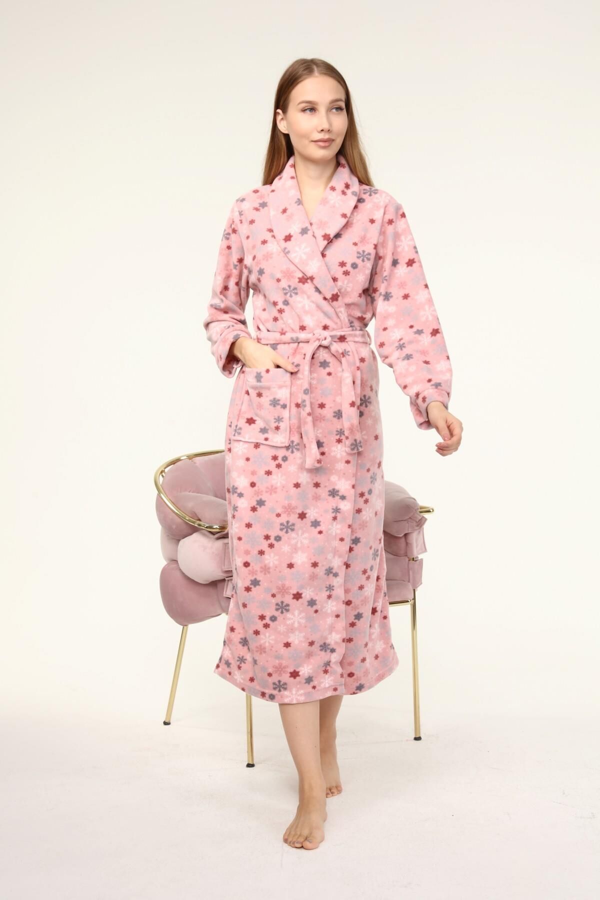 Likapa Uzun Şal Yaka Polar Sabahlık 226 Pembe Kar Tanesi - 2XL