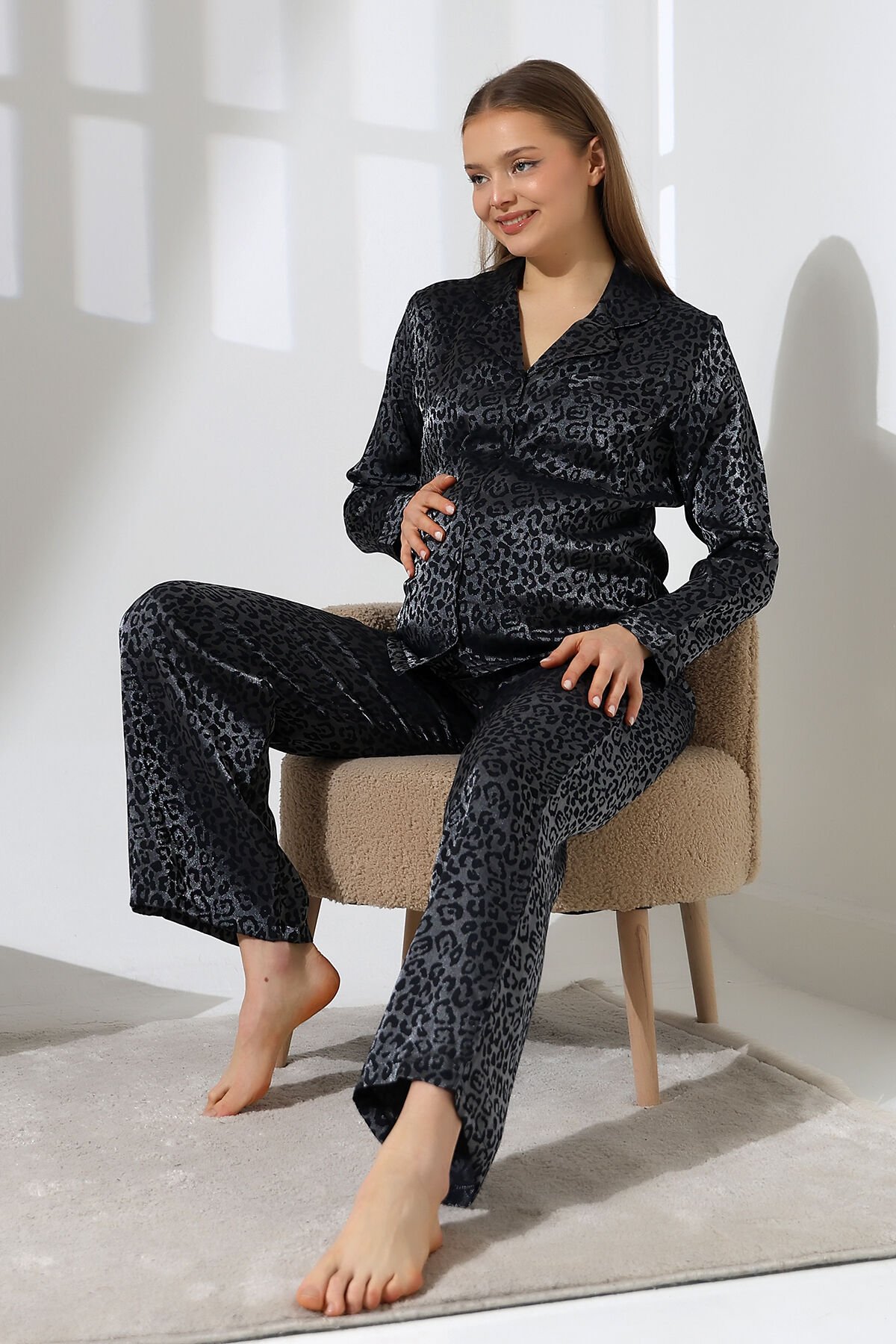 LİKAPASHOP VİSKON UZUN KOLLU HAMİLE PİJAMA TAKIMI SİYAH - 2XL