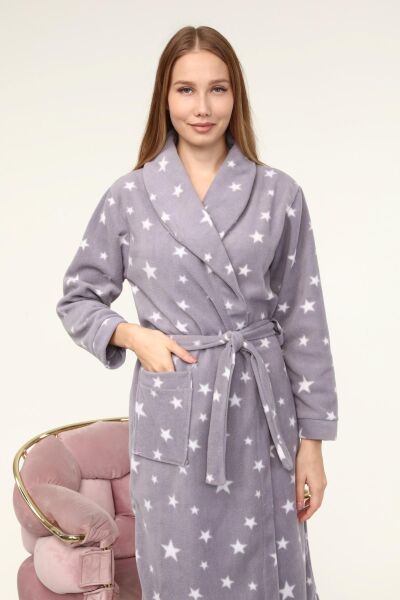 Likapa Uzun Şal Yaka Polar Sabahlık 226 Gri Yıldız - XL