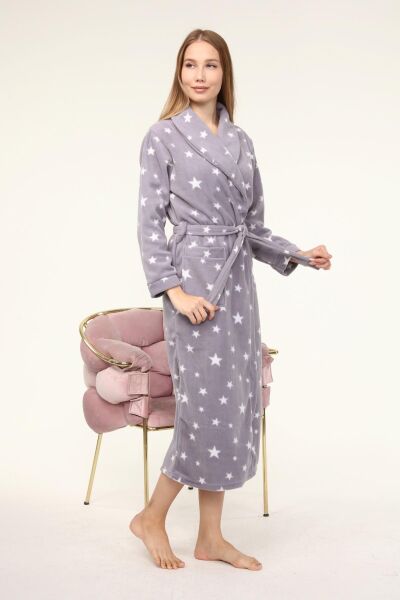 Likapa Uzun Şal Yaka Polar Sabahlık 226 Gri Yıldız - 2XL