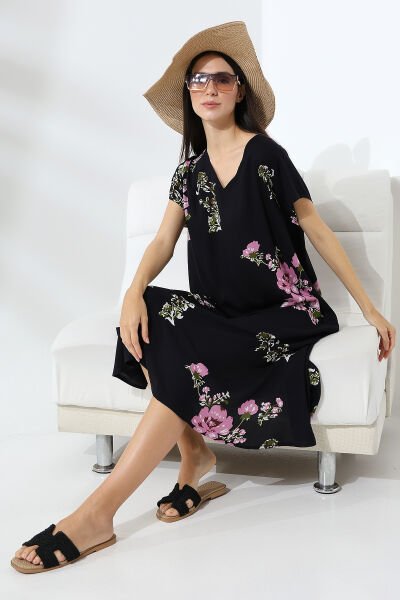 Likapa Yazlık Büyük Beden Viskon  V Yaka Kısa Kol Elbise 2688 Siyah Pembe - XL