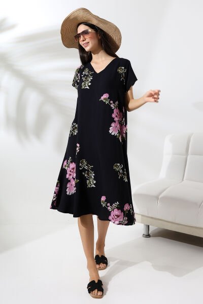 Likapa Yazlık Büyük Beden Viskon  V Yaka Kısa Kol Elbise 2688 Siyah Pembe - 2XL