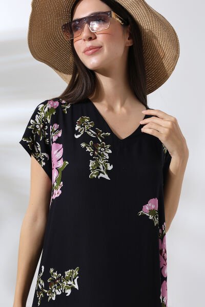 Likapa Yazlık Büyük Beden Viskon  V Yaka Kısa Kol Elbise 2688 Siyah Pembe - 2XL