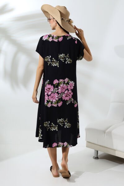 Likapa Yazlık Büyük Beden Viskon  V Yaka Kısa Kol Elbise 2688 Siyah Pembe - 2XL