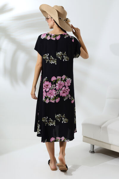 Likapa Yazlık Büyük Beden Viskon  V Yaka Kısa Kol Elbise 2688 Siyah Pembe - 2XL