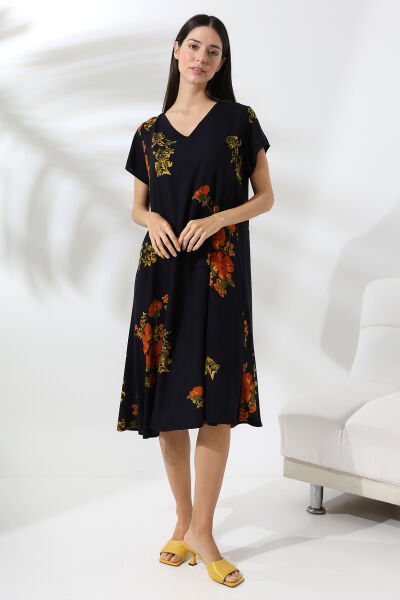 Likapa Yazlık Büyük Beden Viskon  V Yaka Kısa Kol Elbise 2688 Siyah Tutuncu - XL