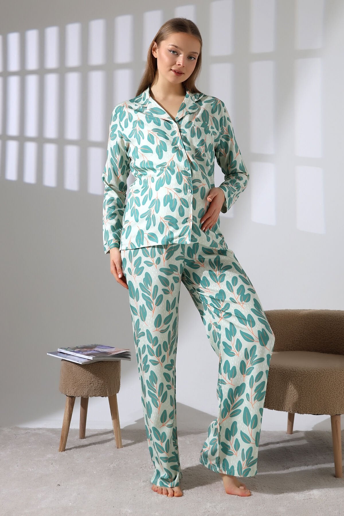LİKAPASHOP VİSKON UZUN KOLLU HAMİLE PİJAMA TAKIMI Mint - 2XL