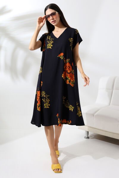 Likapa Yazlık Büyük Beden Viskon  V Yaka Kısa Kol Elbise 2688 Siyah Tutuncu - 2XL