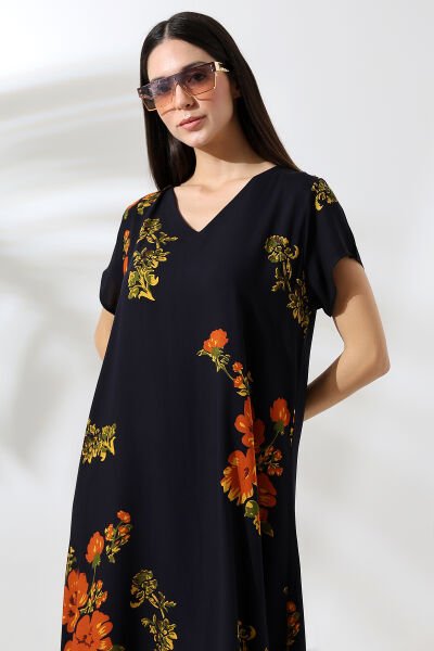 Likapa Yazlık Büyük Beden Viskon  V Yaka Kısa Kol Elbise 2688 Siyah Tutuncu - 2XL