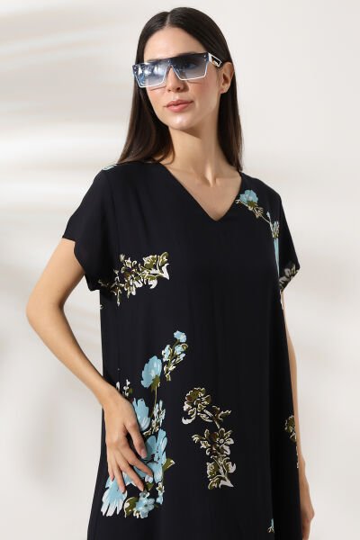 Likapa Yazlık Büyük Beden Viskon  V Yaka Kısa Kol Elbise 2688 Siyah Mavi - XL