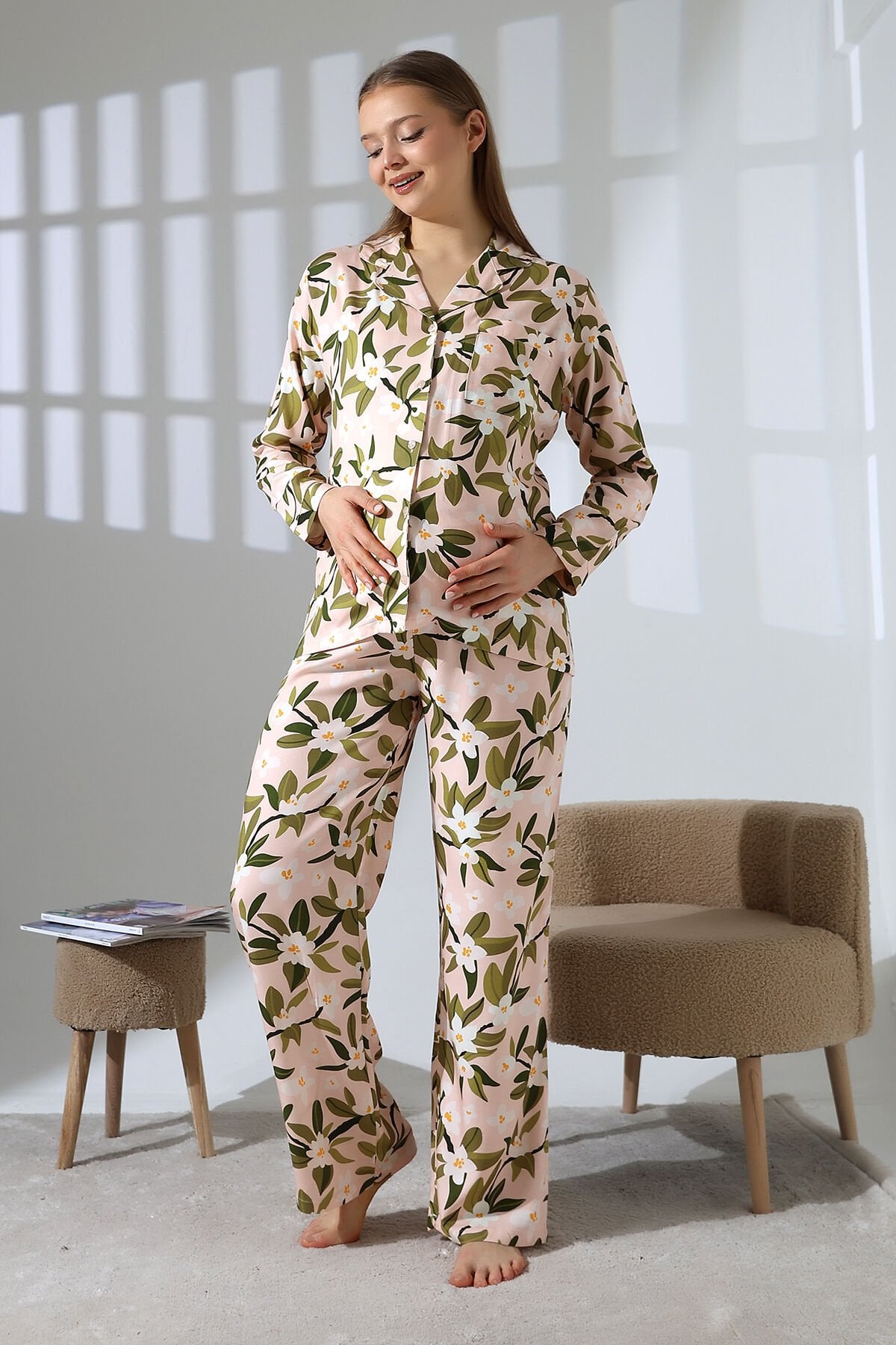 LİKAPASHOP VİSKON UZUN KOLLU HAMİLE PİJAMA TAKIMI SOMON - 2XL