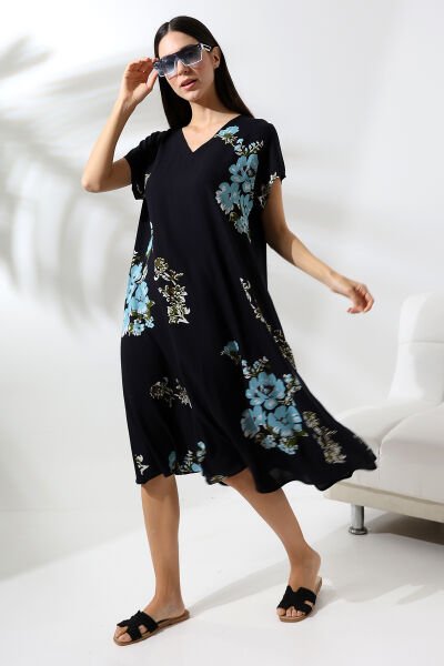 Likapa Yazlık Büyük Beden Viskon  V Yaka Kısa Kol Elbise 2688 Siyah Mavi - 2XL