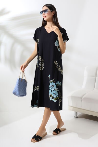 Likapa Yazlık Büyük Beden Viskon  V Yaka Kısa Kol Elbise 2688 Siyah Mavi - 2XL
