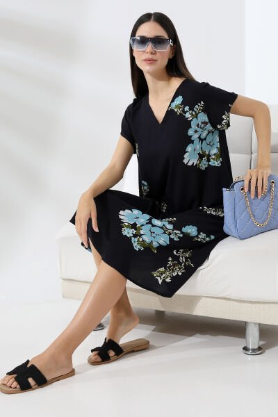 Likapa Yazlık Büyük Beden Viskon  V Yaka Kısa Kol Elbise 2688 Siyah Mavi - 2XL