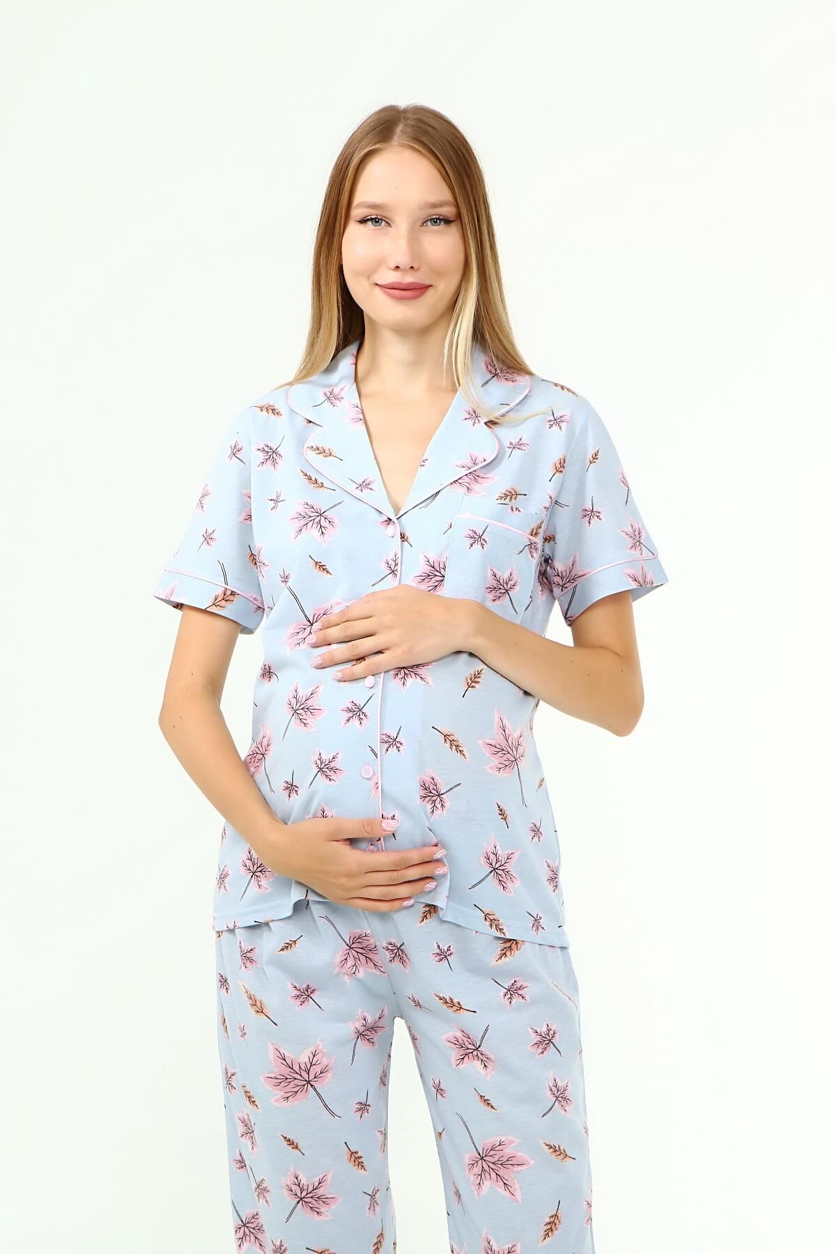 Likapa Penye Önden Düğmeli Hamile Lohusa KISA KOL PİJAMA TAKIMI ,%100 Cotton MAVİ YAPRAK - L