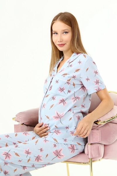 Likapa Penye Önden Düğmeli Hamile Lohusa KISA KOL PİJAMA TAKIMI ,%100 Cotton MAVİ YAPRAK - L